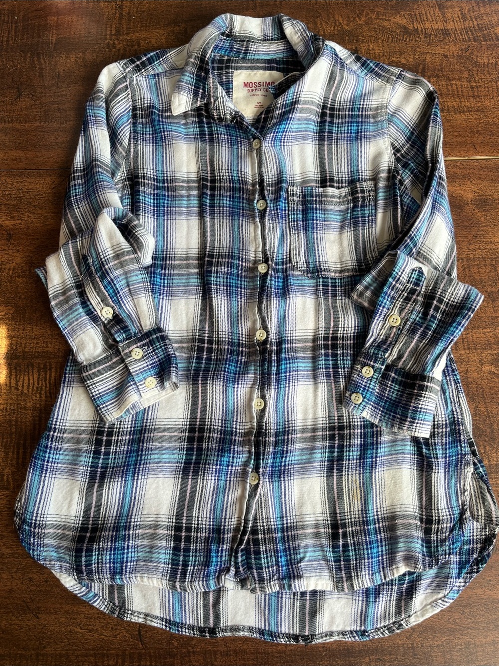 Mossimo Supply Co Women’s S Plaid Flannel Shirt White Aqua Lavender Grunge FLAW